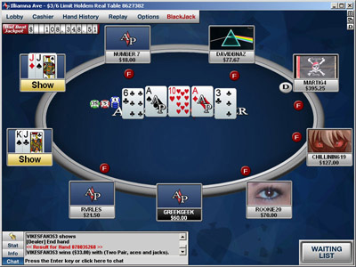 Вид игрового стола на Absolute Poker.